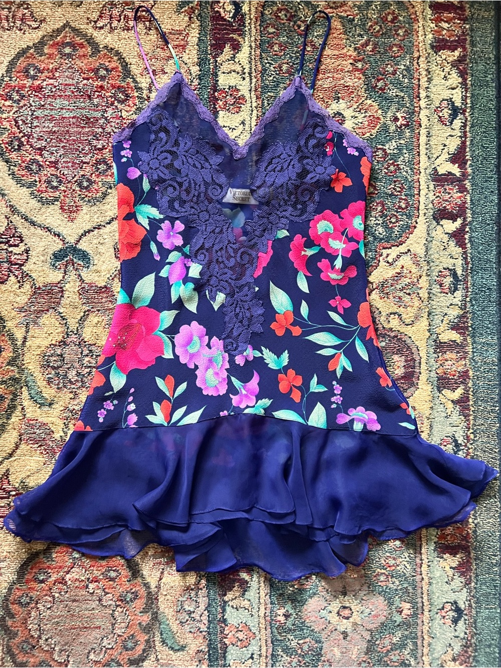 Gold Label Victoria's Secret Navy Purple Floral Lace-Trim Slip